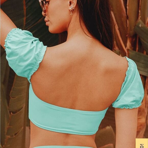 Lulu's Tidal Vibes Seafoam Teal Tie-Front Puff Sleeve Bikini Top NWOT Size Small - Picture 3 of 14
